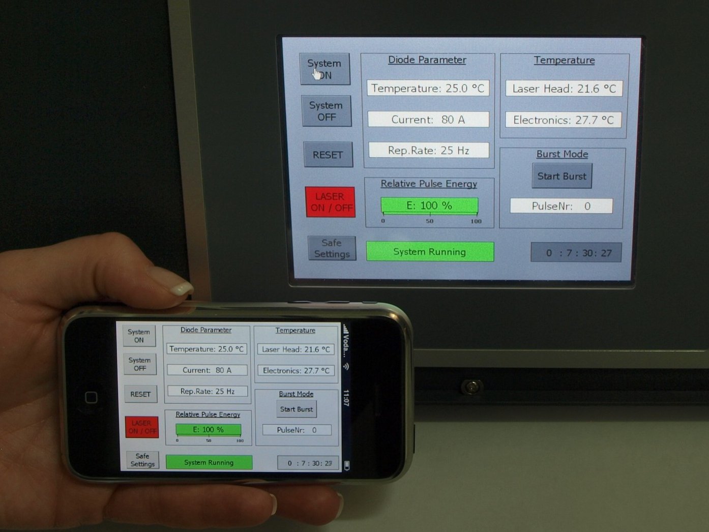 An iPhone can be used to operate and monitor a laser system