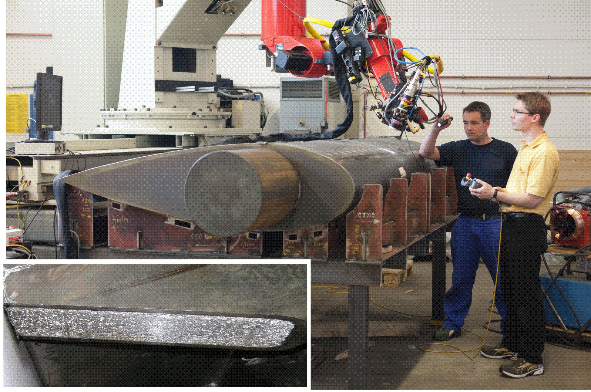 At the EuroBlech fair, the LZH will be showing how laser welding can be used for weight reduction in shipbuilding (Hall 11, Stand H 08). The ship rudder in the photo is made of laser welded steel-aluminum sandwich plates (see cross-section).