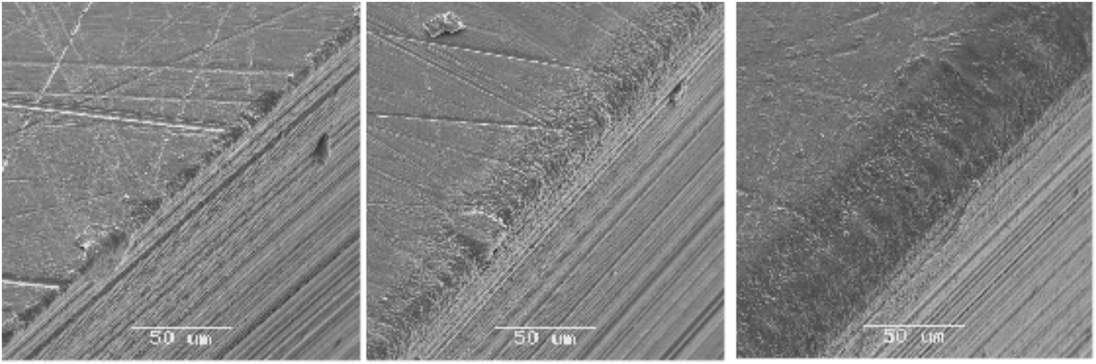 Abb. 1: Geschliffene (unverrundete) Schneidkante (links) und 2 mit dem Pikosekundenlaser bearbeitete Kanten mit unterschiedlichen Verrundungsradien (mitte und rechts).