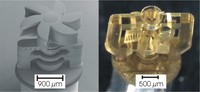 Fig. 1: Micromechanical parts machined using laser-assisted production technology (left: scanning electron microscope image, right: light optical microscope image)