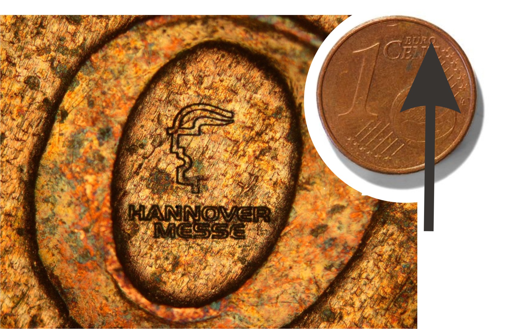 Fig. 1: A laser can trace the logo of the Hannover Messe in the "O" of a one-cent (Euro) coin. The logo is so small that it can only be seen under a strong magnifying glass.
