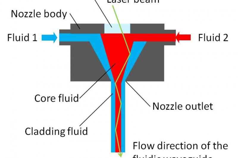 Figure 2: A laser beam (green) will be coupled into a liquid column with a core fluid (red) and a jacket fluid (blue). (Illustration: LZH)