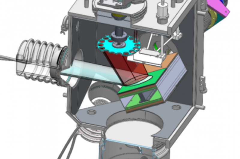 Figure 3: Schematic of an ion beam sputtering system. The ion beam comes from the left side and hits the coating material on the plate, which is released and deposited on the substrates (optics). The complete coating process is monitored using the optical wideband monitor (BBM) (illustration: LZH)