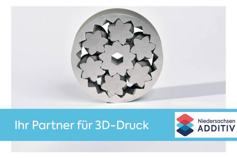 Acht Bauteile werden eins – ein 3D-gedrucktes Planetengetriebe. Niedersachsen ADDITIV ist unabhängiger Ansprechpartner für 3D-Druck, für Unternehmen und Betriebe in Niedersachsen. (Grafik: LZH)