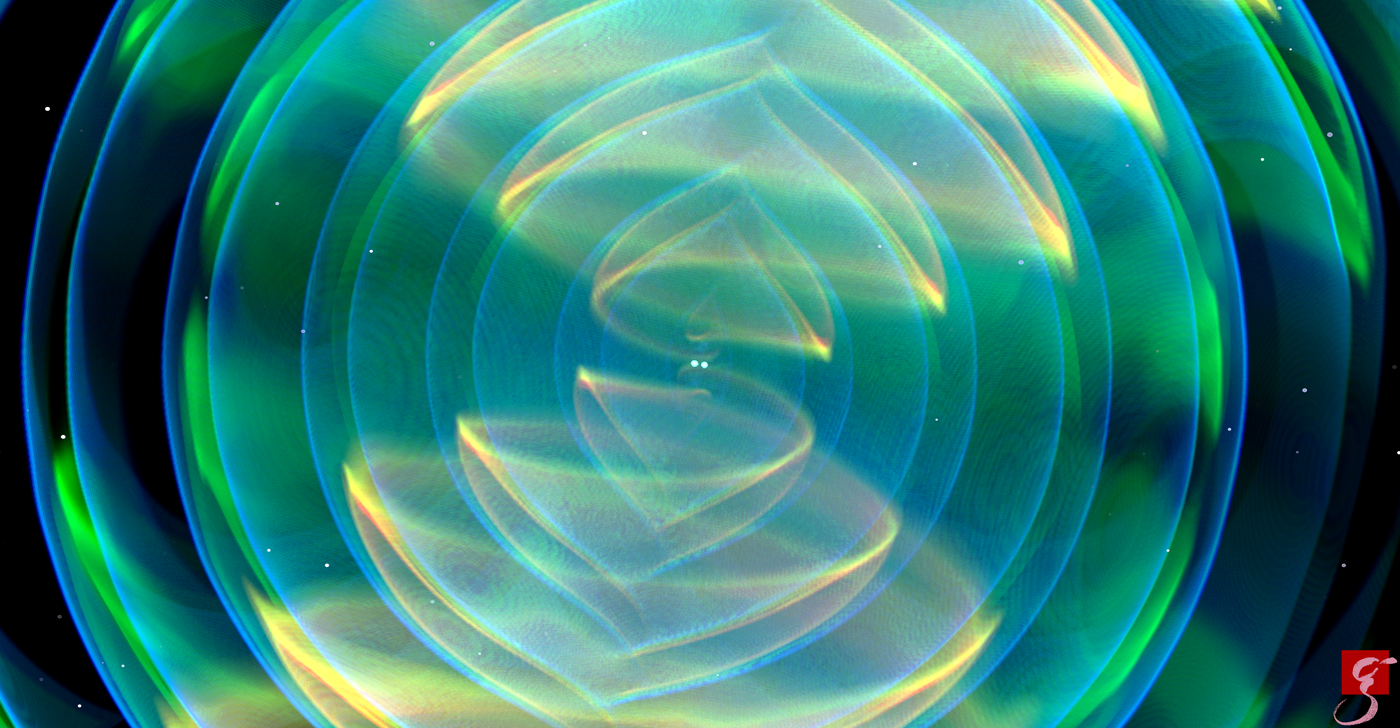 Numerisch-relativistische Simulation zweier einander umkreisender und verschmelzender Neutronensterne. Dargestellt sind die bei der Verschmelzung abgestrahlten Gravitationswellen. (Figure: © T. Dietrich, S. Ossokine, H. Pfeiffer, A. Buonanno (Max Planck Institute for Gravitational Physics), BAM collaboration))
